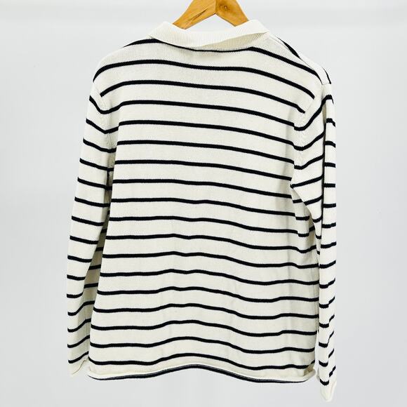 Vintage 90s Preppy White Black Stripe Cotton Quarter Zip Sweater - Picture 5 of 7